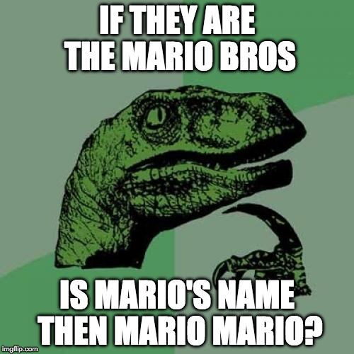 Poor Luigi. | IF THEY ARE THE MARIO BROS; IS MARIO'S NAME THEN MARIO MARIO? | image tagged in philosoraptor,luigi,mario,mario bros,nintendo,switch | made w/ Imgflip meme maker