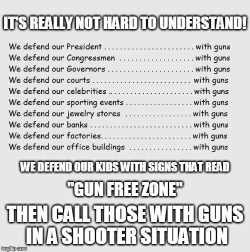 Makes ya think maybe they're left vulnerable on purpose! | IT'S REALLY NOT HARD TO UNDERSTAND! WE DEFEND OUR KIDS WITH SIGNS THAT READ; "GUN FREE ZONE"; THEN CALL THOSE WITH GUNS IN A SHOOTER SITUATION | image tagged in 2nd amendment,school security,gun free zone | made w/ Imgflip meme maker