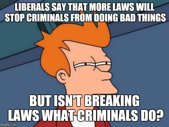 Futurama Fry | LIBERALS SAY THAT MORE LAWS WILL STOP CRIMINALS FROM DOING BAD THINGS; BUT ISN'T BREAKING LAWS WHAT CRIMINALS DO? | image tagged in memes,futurama fry,liberal idiots,gun grab | made w/ Imgflip meme maker
