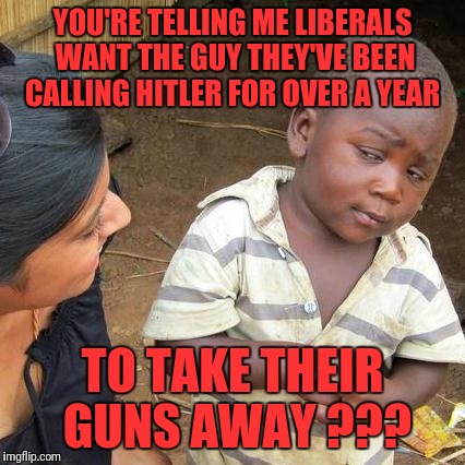 More Liberal Logic  | YOU'RE TELLING ME LIBERALS WANT THE GUY THEY'VE BEEN CALLING HITLER FOR OVER A YEAR; TO TAKE THEIR GUNS AWAY ??? | image tagged in memes,third world skeptical kid,gun control,trump | made w/ Imgflip meme maker