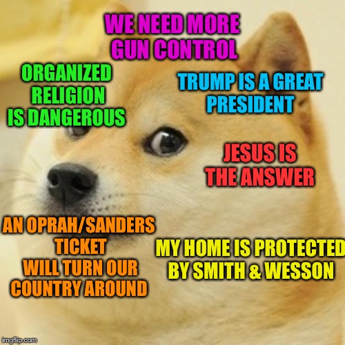 There —  this should make everyone happy! | WE NEED MORE  GUN CONTROL; ORGANIZED RELIGION IS DANGEROUS; TRUMP IS A GREAT PRESIDENT; JESUS IS THE ANSWER; AN OPRAH/SANDERS TICKET WILL TURN OUR COUNTRY AROUND; MY HOME IS PROTECTED BY SMITH & WESSON | image tagged in memes,doge,politics,religion,gun control | made w/ Imgflip meme maker