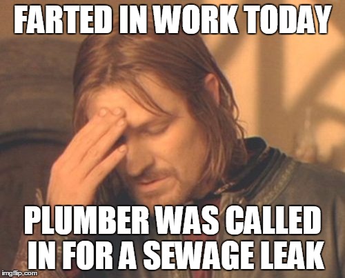 Frustrated Boromir | FARTED IN WORK TODAY; PLUMBER WAS CALLED IN FOR A SEWAGE LEAK | image tagged in memes,frustrated boromir | made w/ Imgflip meme maker