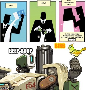 how bastion was originally created | OMNIC; BIRB; BEEP-BOOP | image tagged in overwatch memes,bastion,overwatch,salty | made w/ Imgflip meme maker