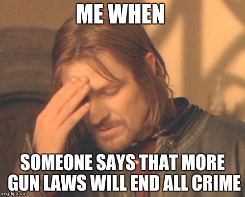 Frustrated Boromir | ME WHEN; SOMEONE SAYS THAT MORE GUN LAWS WILL END ALL CRIME | image tagged in memes,frustrated boromir | made w/ Imgflip meme maker