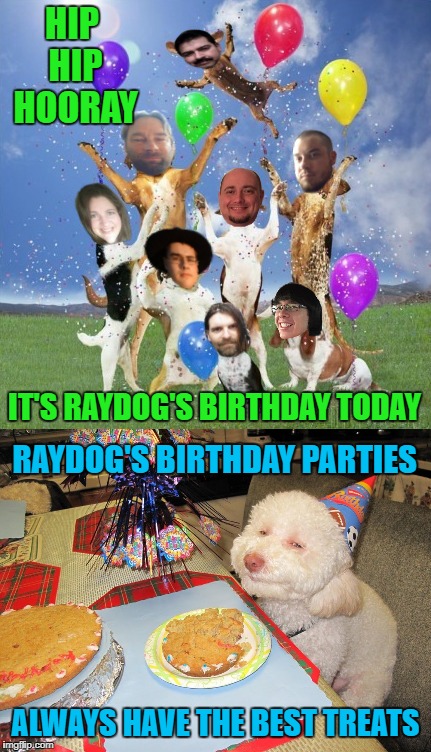 Wish you all could be here!!! Props to anyone that knows who all these users are!!! | HIP HIP HOORAY; IT'S RAYDOG'S BIRTHDAY TODAY; RAYDOG'S BIRTHDAY PARTIES; ALWAYS HAVE THE BEST TREATS | image tagged in happy birthday,memes,funny,marijuana treats,stoned dog,raydog's birthday | made w/ Imgflip meme maker