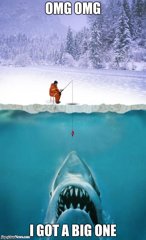 ice fishing | OMG OMG; I GOT A BIG ONE | image tagged in ice fishing | made w/ Imgflip meme maker