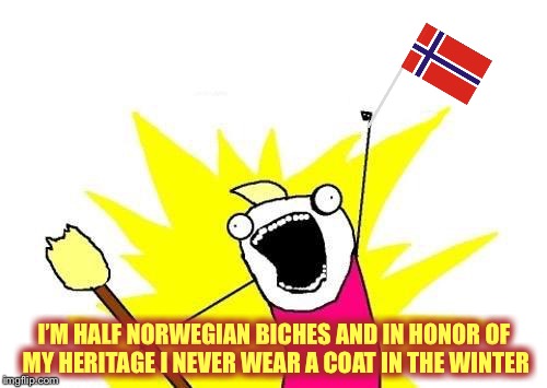 X All The Y Meme | I’M HALF NORWEGIAN BICHES AND IN HONOR OF MY HERITAGE I NEVER WEAR A COAT IN THE WINTER | image tagged in memes,x all the y | made w/ Imgflip meme maker