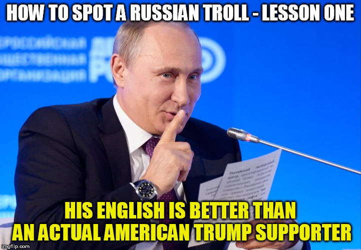 Sadly it's true | HOW TO SPOT A RUSSIAN TROLL - LESSON ONE; HIS ENGLISH IS BETTER THAN AN ACTUAL AMERICAN TRUMP SUPPORTER | image tagged in russian,troll,trump | made w/ Imgflip meme maker