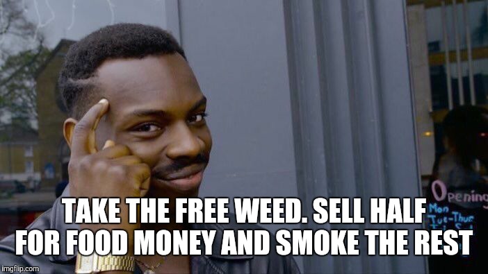 Roll Safe Think About It Meme | TAKE THE FREE WEED. SELL HALF FOR FOOD MONEY AND SMOKE THE REST | image tagged in memes,roll safe think about it | made w/ Imgflip meme maker