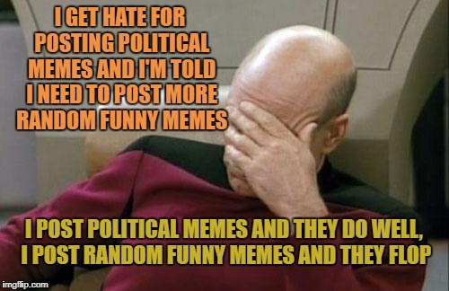 Captain Picard Facepalm | I GET HATE FOR POSTING POLITICAL MEMES AND I'M TOLD I NEED TO POST MORE RANDOM FUNNY MEMES; I POST POLITICAL MEMES AND THEY DO WELL, I POST RANDOM FUNNY MEMES AND THEY FLOP | image tagged in memes,captain picard facepalm | made w/ Imgflip meme maker