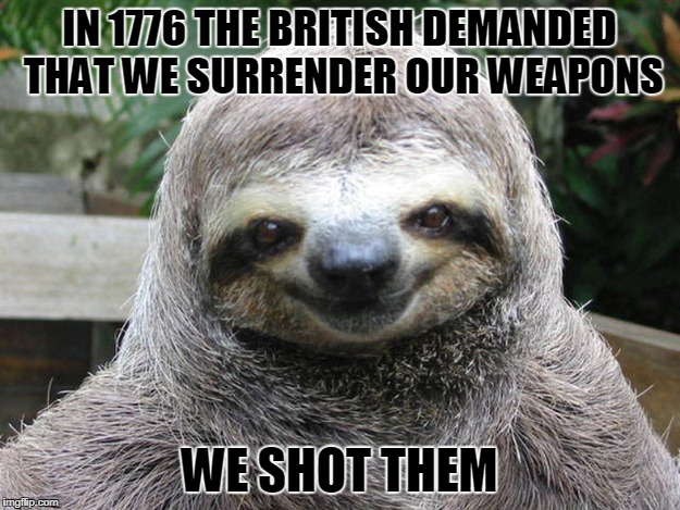 Happy Smug Sloth | IN 1776 THE BRITISH DEMANDED THAT WE SURRENDER OUR WEAPONS; WE SHOT THEM | image tagged in happy smug sloth | made w/ Imgflip meme maker