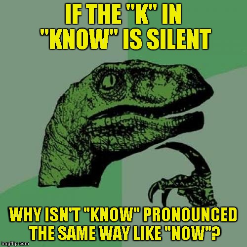 Just like "knight" and "night" are pronounced the same way | IF THE "K" IN "KNOW" IS SILENT; WHY ISN'T "KNOW" PRONOUNCED THE SAME WAY LIKE "NOW"? | image tagged in memes,philosoraptor,powermetalhead,pronunciation,silent,logic | made w/ Imgflip meme maker