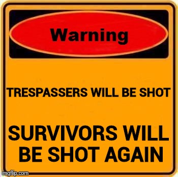 Talk about gun control | TRESPASSERS WILL BE SHOT; SURVIVORS WILL BE SHOT AGAIN | image tagged in memes,warning sign,gun violence,videogames | made w/ Imgflip meme maker