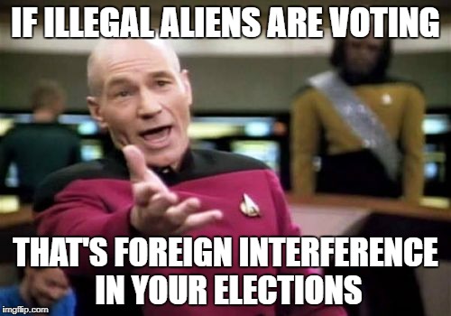 Is it not? | IF ILLEGAL ALIENS ARE VOTING; THAT'S FOREIGN INTERFERENCE IN YOUR ELECTIONS | image tagged in memes,picard wtf,voting,election,domestic,foreign | made w/ Imgflip meme maker