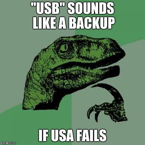 Philosoraptor | "USB" SOUNDS LIKE A BACKUP; IF USA FAILS | image tagged in memes,philosoraptor | made w/ Imgflip meme maker