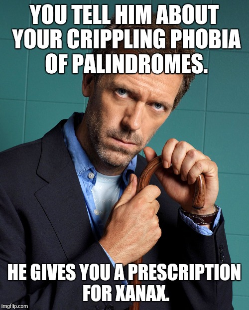 dr house | YOU TELL HIM ABOUT YOUR CRIPPLING PHOBIA OF PALINDROMES. HE GIVES YOU A PRESCRIPTION FOR XANAX. | image tagged in dr house | made w/ Imgflip meme maker