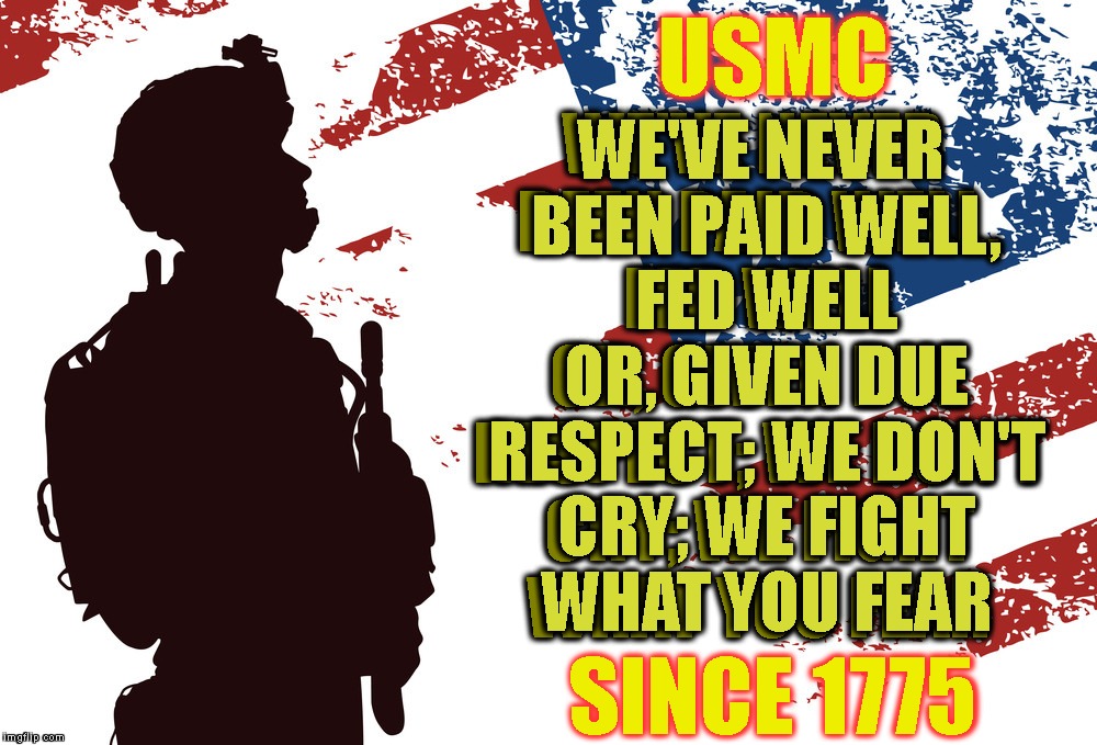 This Is What Real Pride Looks Like - God - Country - Corps! | WE'VE NEVER BEEN PAID WELL, FED WELL OR, GIVEN DUE RESPECT; WE DON'T CRY; WE FIGHT WHAT YOU FEAR; WE'VE NEVER BEEN PAID WELL, FED WELL OR, GIVEN DUE RESPECT; WE DON'T CRY; WE FIGHT WHAT YOU FEAR; USMC; SINCE 1775 | image tagged in usmc,marines,marine corps,usa,pride,service | made w/ Imgflip meme maker