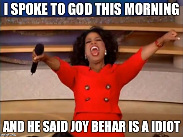 Oprah You Get A | I SPOKE TO GOD THIS MORNING; AND HE SAID JOY BEHAR IS A IDIOT | image tagged in memes,oprah you get a | made w/ Imgflip meme maker