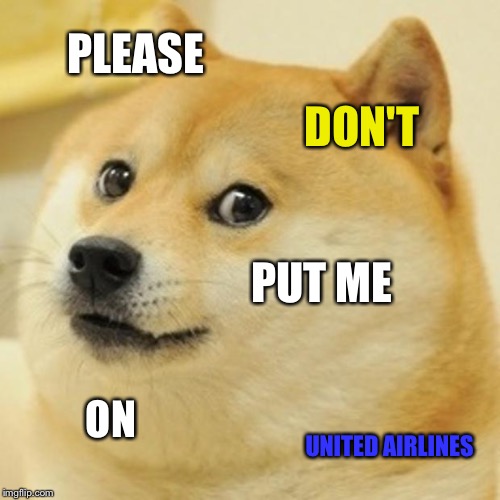 United Airlines terrorizes dogs | PLEASE; DON'T; PUT ME; ON; UNITED AIRLINES | image tagged in memes,doge,united airlines,dog week,request,no | made w/ Imgflip meme maker