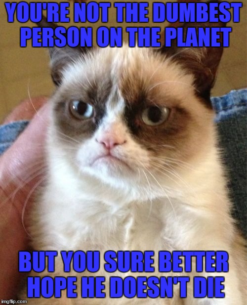 Grumpy Cat | YOU'RE NOT THE DUMBEST PERSON ON THE PLANET; BUT YOU SURE BETTER HOPE HE DOESN'T DIE | image tagged in memes,grumpy cat | made w/ Imgflip meme maker