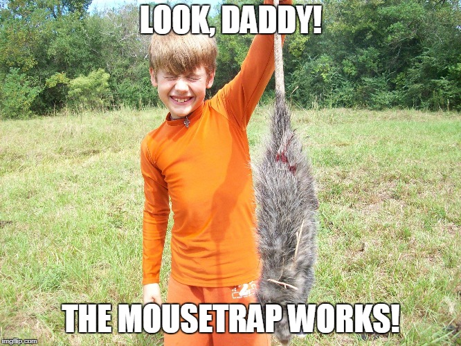 Texas Mousetrap | LOOK, DADDY! THE MOUSETRAP WORKS! | image tagged in rat,mouse,possum,opossum,country boy,country life | made w/ Imgflip meme maker