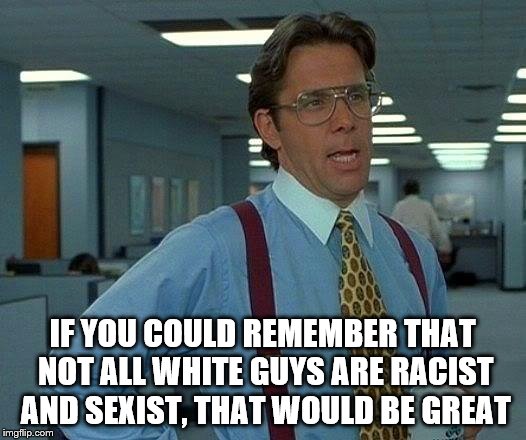 That Would Be Great | IF YOU COULD REMEMBER THAT NOT ALL WHITE GUYS ARE RACIST AND SEXIST, THAT WOULD BE GREAT | image tagged in memes,that would be great | made w/ Imgflip meme maker