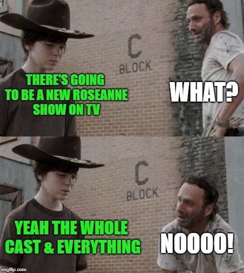Roseanne Show | THERE'S GOING TO BE A NEW ROSEANNE SHOW ON TV; WHAT? YEAH THE WHOLE CAST & EVERYTHING; NOOOO! | image tagged in memes,rick and carl,roseanne,tv show | made w/ Imgflip meme maker