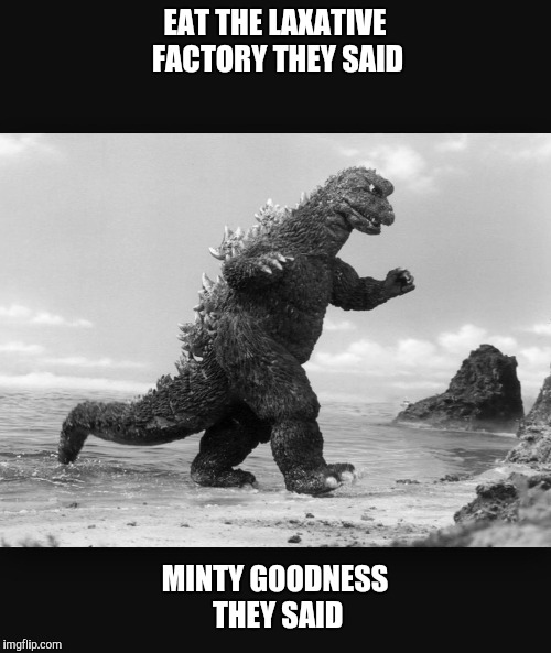 Godzilla  | EAT THE LAXATIVE FACTORY THEY SAID; MINTY GOODNESS THEY SAID | image tagged in godzilla | made w/ Imgflip meme maker
