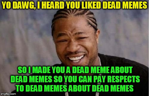 Dead memes week! A thecoffeemaster and SilicaSandwhich event! (March 23-29) | YO DAWG, I HEARD YOU LIKED DEAD MEMES; SO I MADE YOU A DEAD MEME ABOUT DEAD MEMES SO YOU CAN PAY RESPECTS TO DEAD MEMES ABOUT DEAD MEMES | image tagged in memes,yo dawg heard you,dead memes week,dead memes,silicasandwhich,thecoffeemaster | made w/ Imgflip meme maker