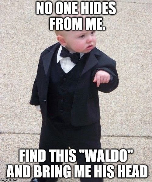 Baby Godfather | NO ONE HIDES FROM ME. FIND THIS "WALDO" AND BRING ME HIS HEAD | image tagged in memes,baby godfather | made w/ Imgflip meme maker