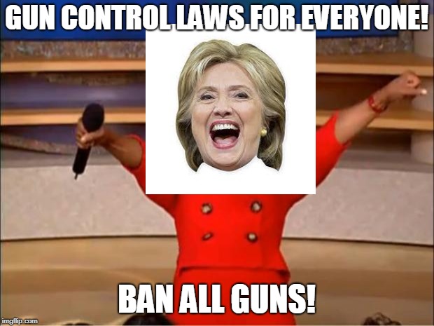 Gun Control Oprah | GUN CONTROL LAWS FOR EVERYONE! BAN ALL GUNS! | image tagged in memes,oprah you get a,gun control,hillary clinton,hillary,hillary clinton 2016 | made w/ Imgflip meme maker