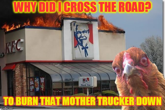 Chicken Week, April 2-8, A JBmemegeek & giveuahint Event!  | WHY DID I CROSS THE ROAD? TO BURN THAT MOTHER TRUCKER DOWN | image tagged in memes,chicken week,chickens,kfc,chicken,disaster chicken | made w/ Imgflip meme maker