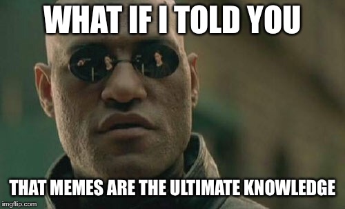 All hail the Meme | WHAT IF I TOLD YOU; THAT MEMES ARE THE ULTIMATE KNOWLEDGE | image tagged in memes,matrix morpheus,what if,knowledge | made w/ Imgflip meme maker