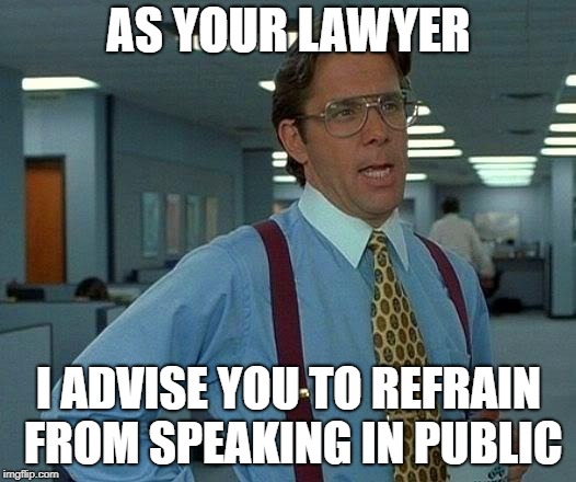 AS YOUR LAWYER I ADVISE YOU TO REFRAIN FROM SPEAKING IN PUBLIC | image tagged in memes,that would be great | made w/ Imgflip meme maker