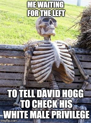 Waiting Skeleton | ME WAITING FOR THE LEFT; TO TELL DAVID HOGG TO CHECK HIS WHITE MALE PRIVILEGE | image tagged in memes,waiting skeleton | made w/ Imgflip meme maker
