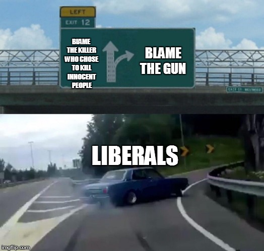 Left Exit 12 Off Ramp Meme | BLAME THE KILLER WHO CHOSE TO KILL INNOCENT PEOPLE LIBERALS BLAME THE GUN | image tagged in memes,left exit 12 off ramp | made w/ Imgflip meme maker