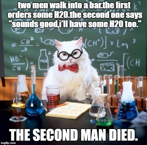 Chemistry Cat | two men walk into a bar.the first orders some H20.the second one says "sounds good,i'll have some H20 too."; THE SECOND MAN DIED. | image tagged in memes,chemistry cat | made w/ Imgflip meme maker