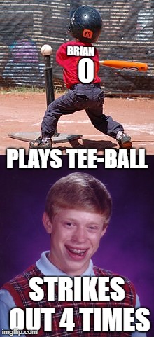 Brian the Ballplayer | BRIAN; PLAYS TEE-BALL; STRIKES OUT 4 TIMES | image tagged in funny memes,bad luck brian,baseball,spring | made w/ Imgflip meme maker