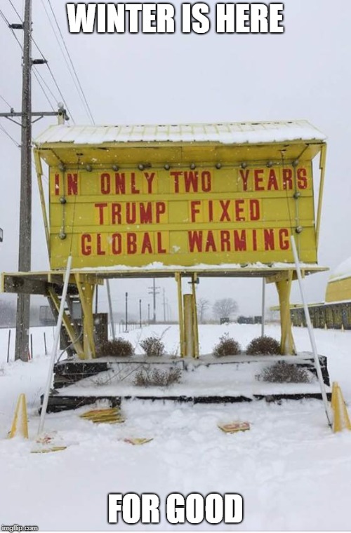 WINTER IS HERE; FOR GOOD | image tagged in memes,global warming,winter is here,donald trump,president trump,climate change | made w/ Imgflip meme maker