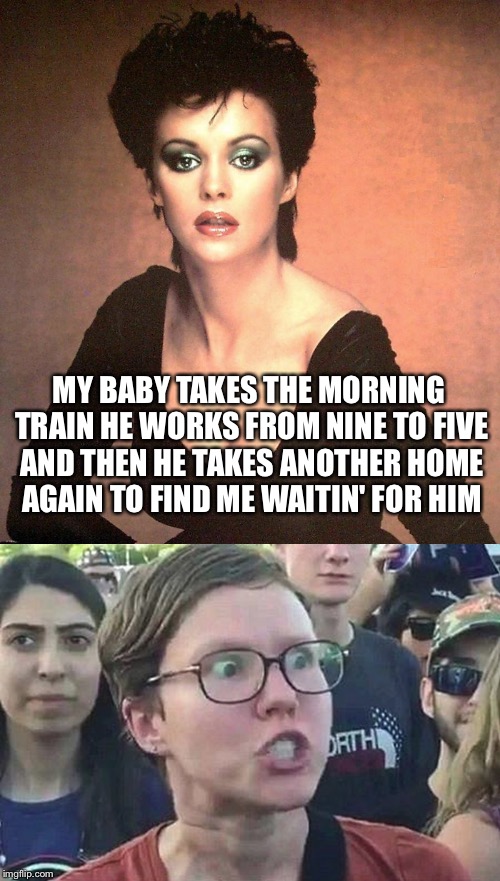 Triggered Pop Music | MY BABY TAKES THE MORNING TRAIN
HE WORKS FROM NINE TO FIVE AND THEN
HE TAKES ANOTHER HOME AGAIN
TO FIND ME WAITIN' FOR HIM | image tagged in memes,sheena easton,triggered feminist,triggered | made w/ Imgflip meme maker