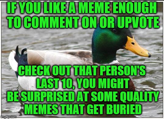Click on the name just below to see the thumbs of the last 10, or more.  | IF YOU LIKE A MEME ENOUGH TO COMMENT ON OR UPVOTE; CHECK OUT THAT PERSON'S LAST 10, YOU MIGHT BE SURPRISED AT SOME QUALITY MEMES THAT GET BURIED | image tagged in memes,actual advice mallard,quality memes | made w/ Imgflip meme maker