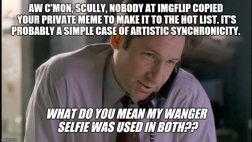 x files mulder on phone | AW C'MON, SCULLY, NOBODY AT IMGFLIP COPIED YOUR PRIVATE MEME TO MAKE IT TO THE HOT LIST. IT'S PROBABLY A SIMPLE CASE OF ARTISTIC SYNCHRONICITY. WHAT DO YOU MEAN MY WANGER SELFIE WAS USED IN BOTH?? | image tagged in x files mulder on phone,x-files,conspiracy theory,imgflip,synchronicity | made w/ Imgflip meme maker