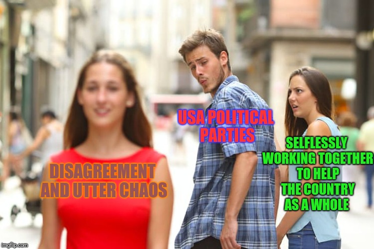 Distracted Boyfriend Meme | DISAGREEMENT AND UTTER CHAOS USA POLITICAL PARTIES SELFLESSLY WORKING TOGETHER TO HELP THE COUNTRY AS A WHOLE | image tagged in memes,distracted boyfriend | made w/ Imgflip meme maker