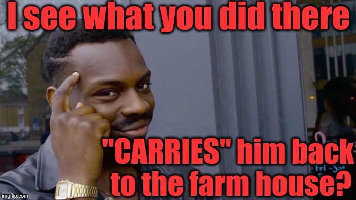 Roll Safe Think About It Meme | I see what you did there "CARRIES" him back to the farm house? | image tagged in memes,roll safe think about it | made w/ Imgflip meme maker