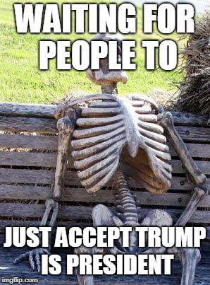 Waiting Skeleton | WAITING FOR PEOPLE TO; JUST ACCEPT TRUMP IS PRESIDENT | image tagged in memes,waiting skeleton | made w/ Imgflip meme maker