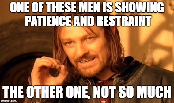 ONE OF THESE MEN IS SHOWING PATIENCE AND RESTRAINT THE OTHER ONE, NOT SO MUCH | image tagged in memes,one does not simply | made w/ Imgflip meme maker
