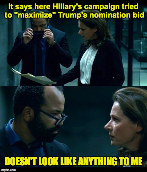 WestWorld: Doesn't look like anything to me | It says here Hillary's campaign tried to "maximize" Trump's nomination bid; DOESN'T LOOK LIKE ANYTHING TO ME | image tagged in westworld doesn't look like anything to me,westworld,hillary clinton | made w/ Imgflip meme maker