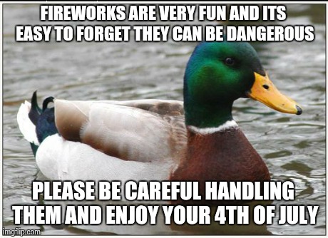 Actual Advice Mallard Meme | FIREWORKS ARE VERY FUN AND ITS EASY TO FORGET THEY CAN BE DANGEROUS PLEASE BE CAREFUL HANDLING THEM AND ENJOY YOUR 4TH OF JULY | image tagged in memes,actual advice mallard | made w/ Imgflip meme maker