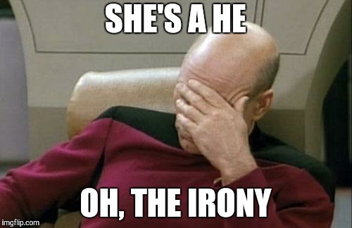 Captain Picard Facepalm Meme | SHE'S A HE OH, THE IRONY | image tagged in memes,captain picard facepalm | made w/ Imgflip meme maker