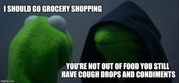 Procrastinating Kermit | I SHOULD GO GROCERY SHOPPING; YOU'RE NOT OUT OF FOOD YOU STILL HAVE COUGH DROPS AND CONDIMENTS | image tagged in memes,evil kermit,kermit me to me,me to me | made w/ Imgflip meme maker